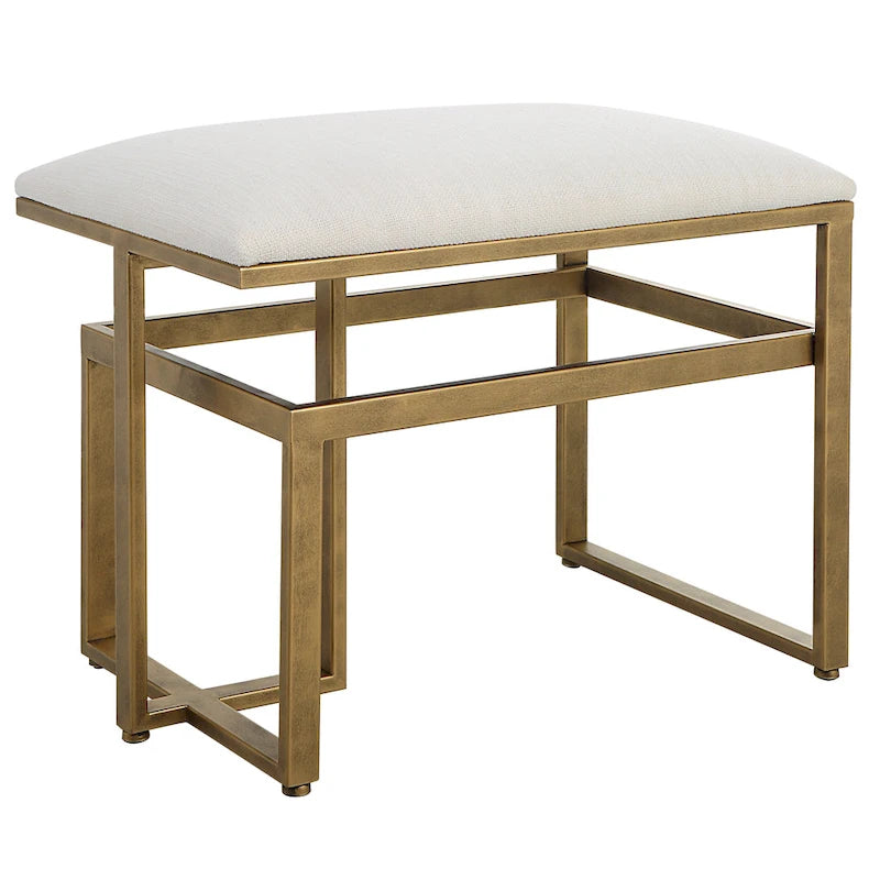 Modern Iron Bench with Upholstered Seat, Antique Brushed Brass Finish, Off-White Fabric, 25.25"W x 19.25"H x 15.75"D