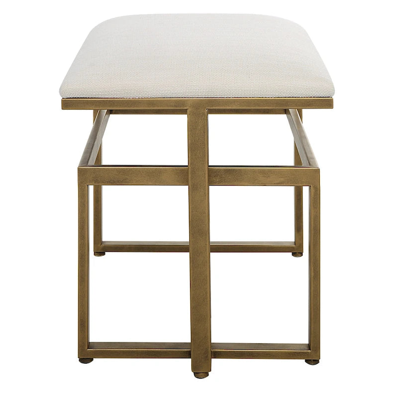 Modern Iron Bench with Upholstered Seat, Antique Brushed Brass Finish, Off-White Fabric, 25.25"W x 19.25"H x 15.75"D