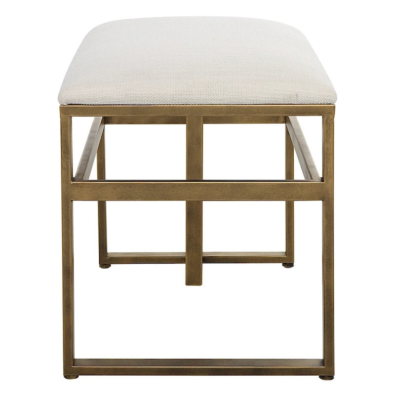 Modern Iron Bench with Upholstered Seat, Antique Brushed Brass Finish, Off-White Fabric, 25.25"W x 19.25"H x 15.75"D