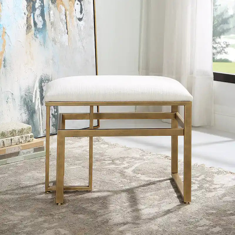 Modern Iron Bench with Upholstered Seat, Antique Brushed Brass Finish, Off-White Fabric, 25.25"W x 19.25"H x 15.75"D