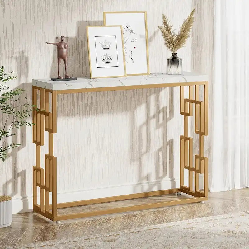 42.5" Console Table - Faux Marble Top with Gold Metal Legs - Modern Entryway Sofa Table