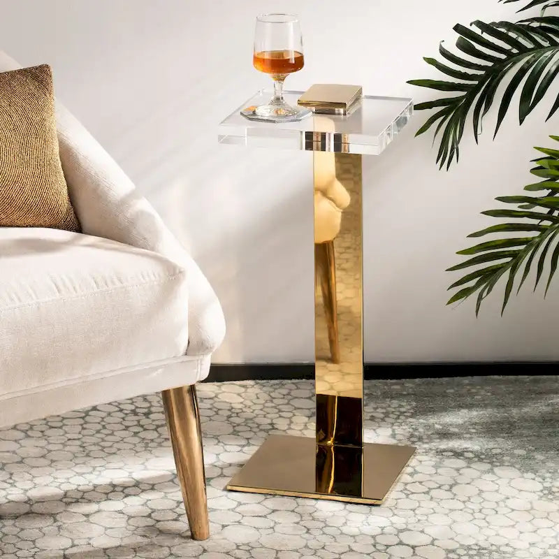 Acrylic Drink Table 10W x 10D x 24H - Crystal Clear with Brass Accents - Modern Geometric Design
