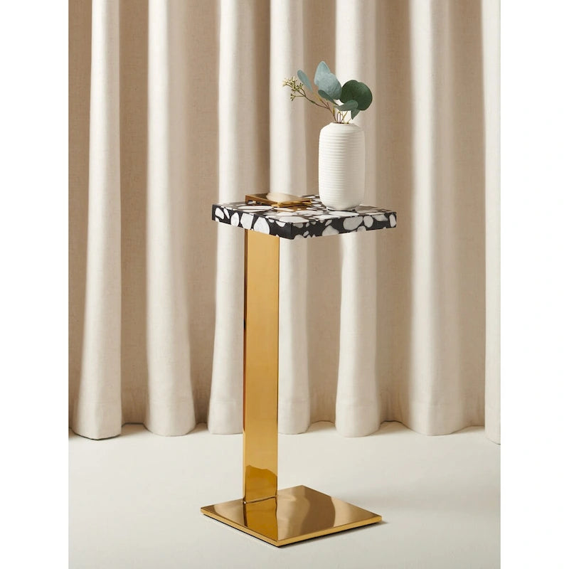 Acrylic Drink Table 10W x 10D x 24H - Crystal Clear with Brass Accents - Modern Geometric Design