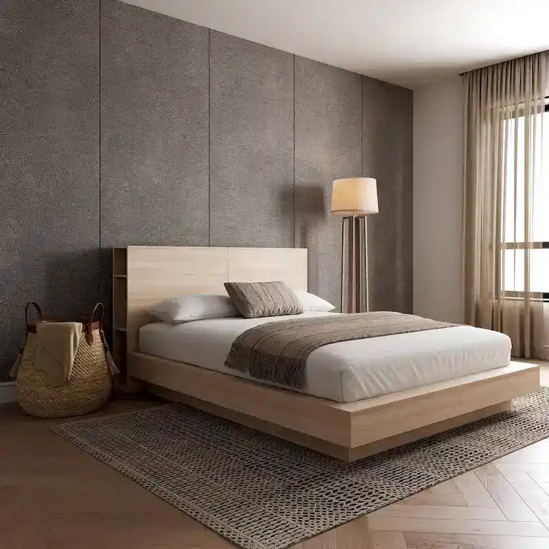 Platform Bed with Storage Headboard, Oak Finish Engineered Wood Frame, No Box Spring Needed, Modern Bedroom Furniture