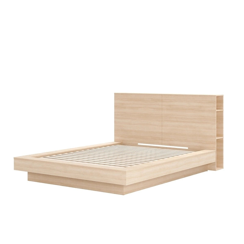 Platform Bed with Storage Headboard, Oak Finish Engineered Wood Frame, No Box Spring Needed, Modern Bedroom Furniture