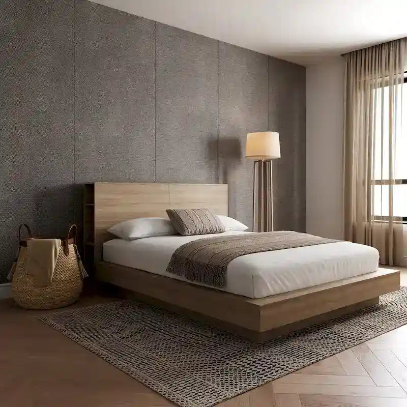 Platform Bed with Storage Headboard, Oak Finish Engineered Wood Frame, No Box Spring Needed, Modern Bedroom Furniture