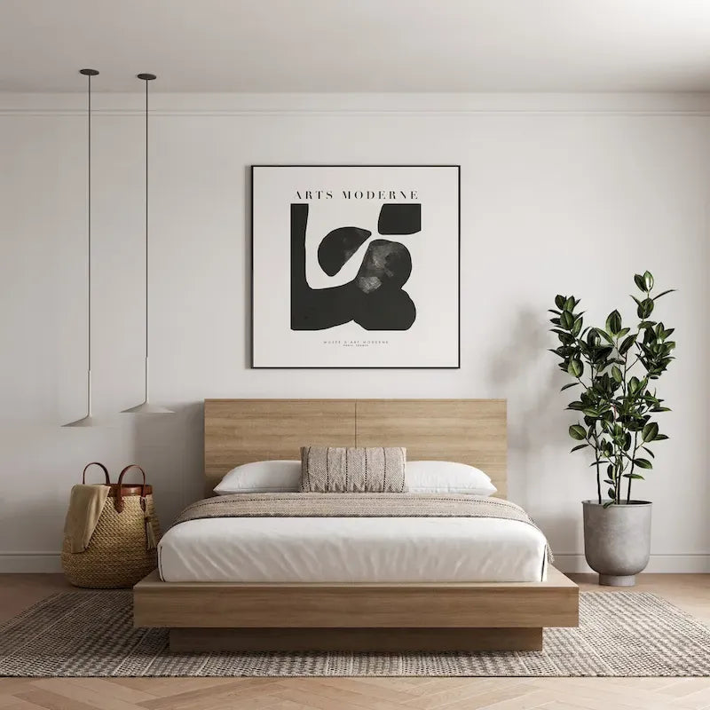 Platform Bed with Storage Headboard, Oak Finish Engineered Wood Frame, No Box Spring Needed, Modern Bedroom Furniture