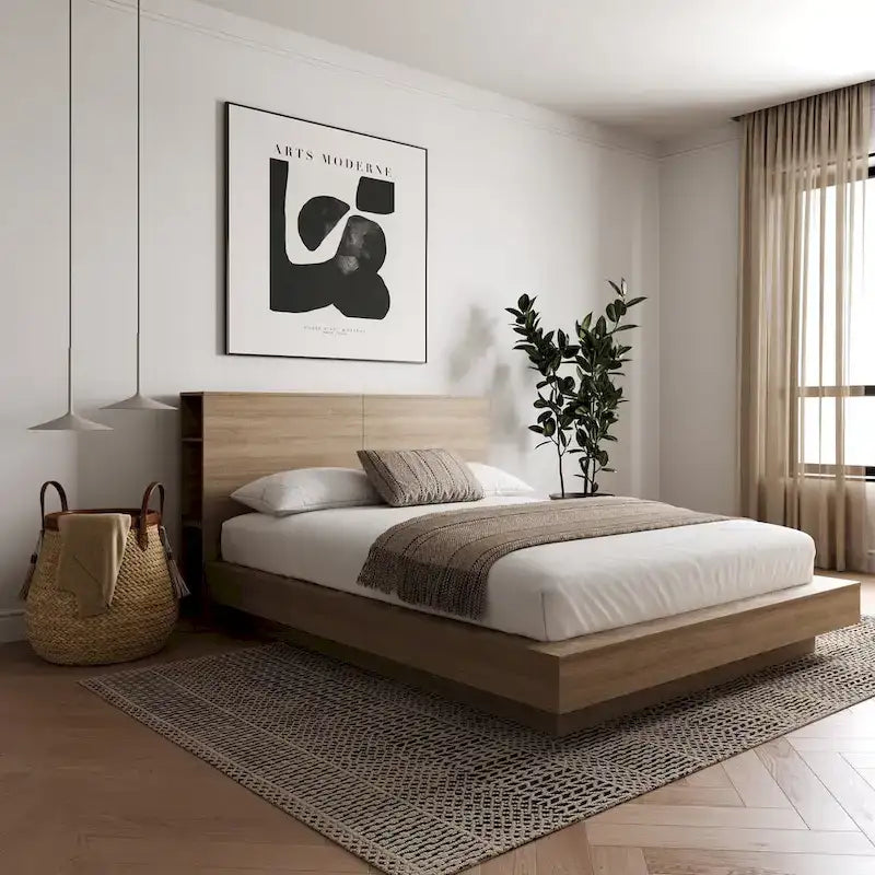 Platform Bed with Storage Headboard, Oak Finish Engineered Wood Frame, No Box Spring Needed, Modern Bedroom Furniture