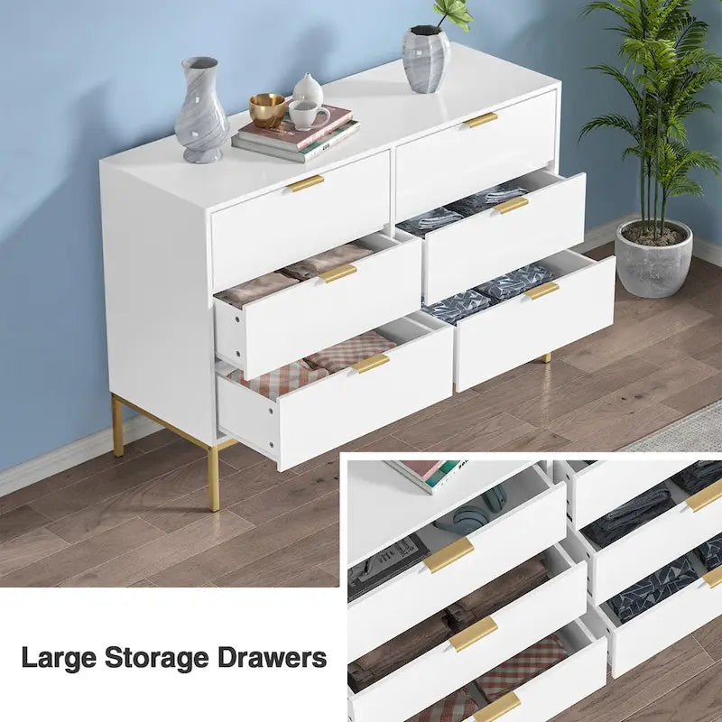 6-Drawer Dresser White with Gold Accents - Modern Double Dresser 47W x 15.7D x 32H - Bedroom Storage Chest of Drawers