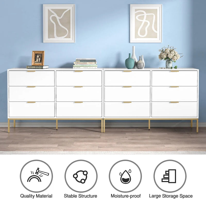 6-Drawer Dresser White with Gold Accents - Modern Double Dresser 47W x 15.7D x 32H - Bedroom Storage Chest of Drawers
