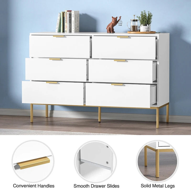 6-Drawer Dresser White with Gold Accents - Modern Double Dresser 47W x 15.7D x 32H - Bedroom Storage Chest of Drawers