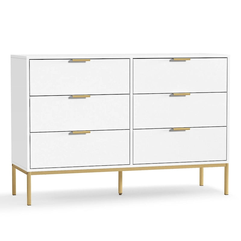 6-Drawer Dresser White with Gold Accents - Modern Double Dresser 47W x 15.7D x 32H - Bedroom Storage Chest of Drawers