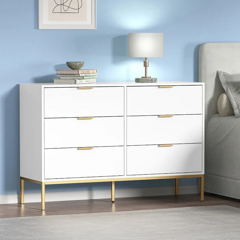 6-Drawer Dresser White with Gold Accents - Modern Double Dresser 47W x 15.7D x 32H - Bedroom Storage Chest of Drawers