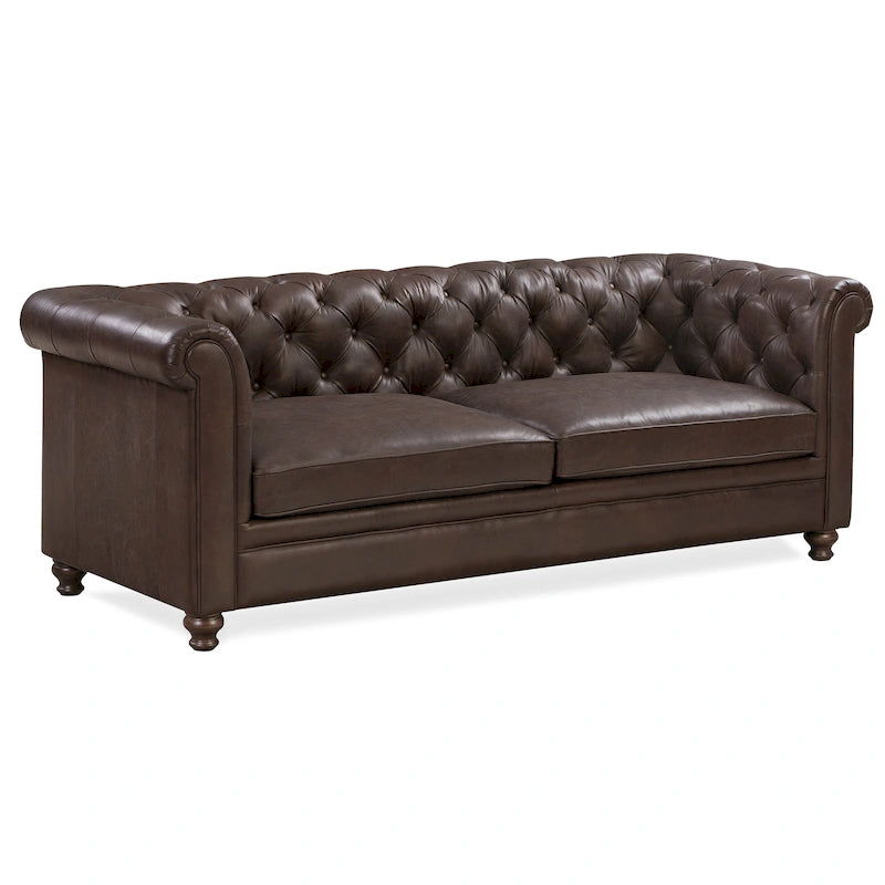 87" Chesterfield Sofa Full Grain Italian Leather Tufted Button 8-Way Hand Tied - Cognac Tan Classic Living Room Couch