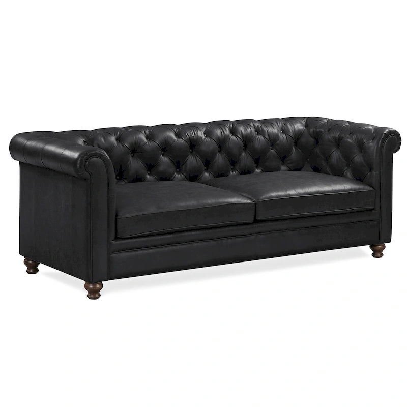 87" Chesterfield Sofa Full Grain Italian Leather Tufted Button 8-Way Hand Tied - Cognac Tan Classic Living Room Couch