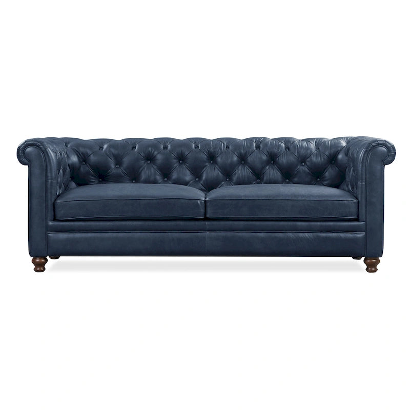 87" Chesterfield Sofa Full Grain Italian Leather Tufted Button 8-Way Hand Tied - Cognac Tan Classic Living Room Couch