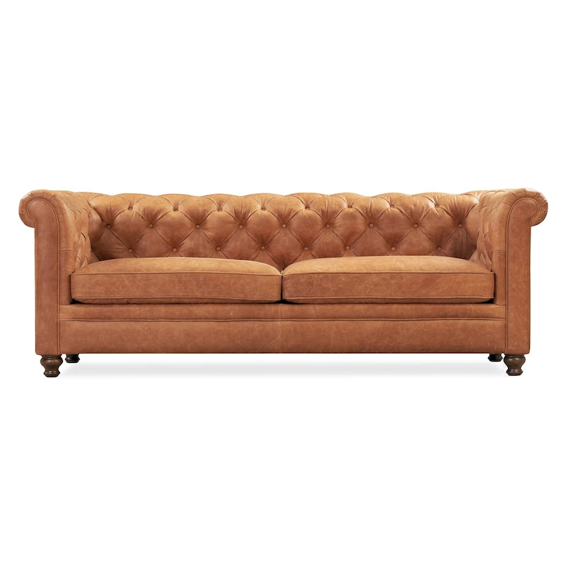 87" Chesterfield Sofa Full Grain Italian Leather Tufted Button 8-Way Hand Tied - Cognac Tan Classic Living Room Couch