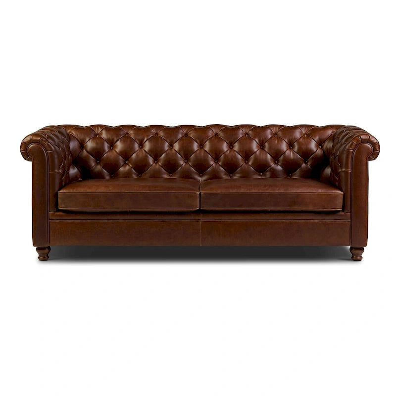 87" Chesterfield Sofa Full Grain Italian Leather Tufted Button 8-Way Hand Tied - Cognac Tan Classic Living Room Couch