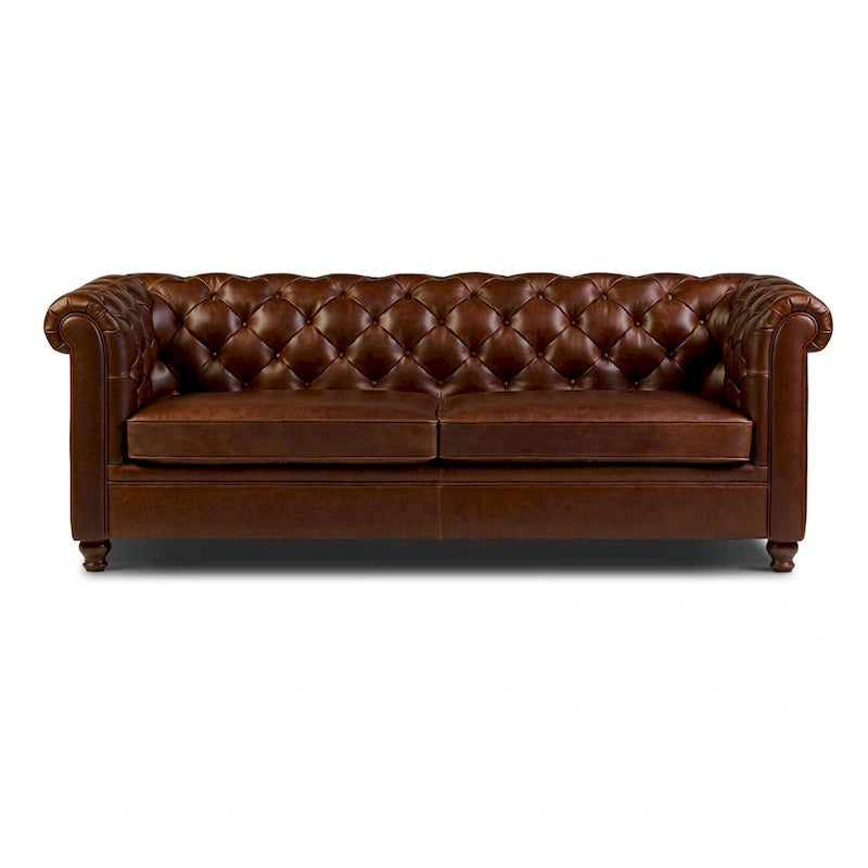 87" Chesterfield Sofa Full Grain Italian Leather Tufted Button 8-Way Hand Tied - Cognac Tan Classic Living Room Couch