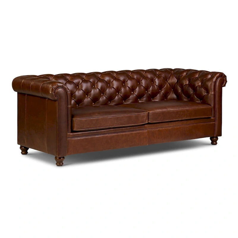 87" Chesterfield Sofa Full Grain Italian Leather Tufted Button 8-Way Hand Tied - Cognac Tan Classic Living Room Couch