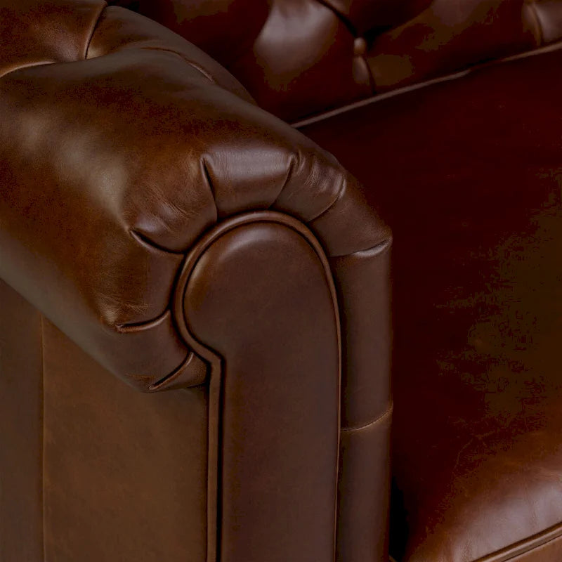 87" Chesterfield Sofa Full Grain Italian Leather Tufted Button 8-Way Hand Tied - Cognac Tan Classic Living Room Couch
