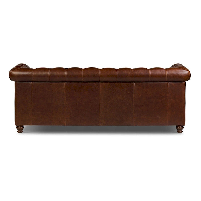 87" Chesterfield Sofa Full Grain Italian Leather Tufted Button 8-Way Hand Tied - Cognac Tan Classic Living Room Couch