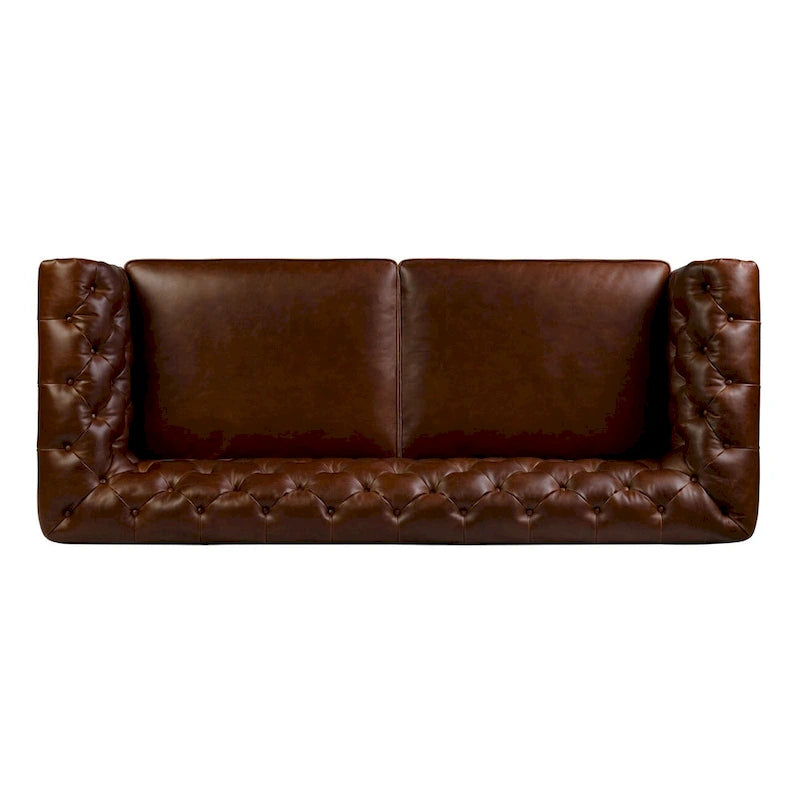 87" Chesterfield Sofa Full Grain Italian Leather Tufted Button 8-Way Hand Tied - Cognac Tan Classic Living Room Couch