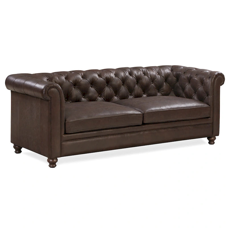 87" Chesterfield Sofa Full Grain Italian Leather Tufted Button 8-Way Hand Tied - Cognac Tan Classic Living Room Couch