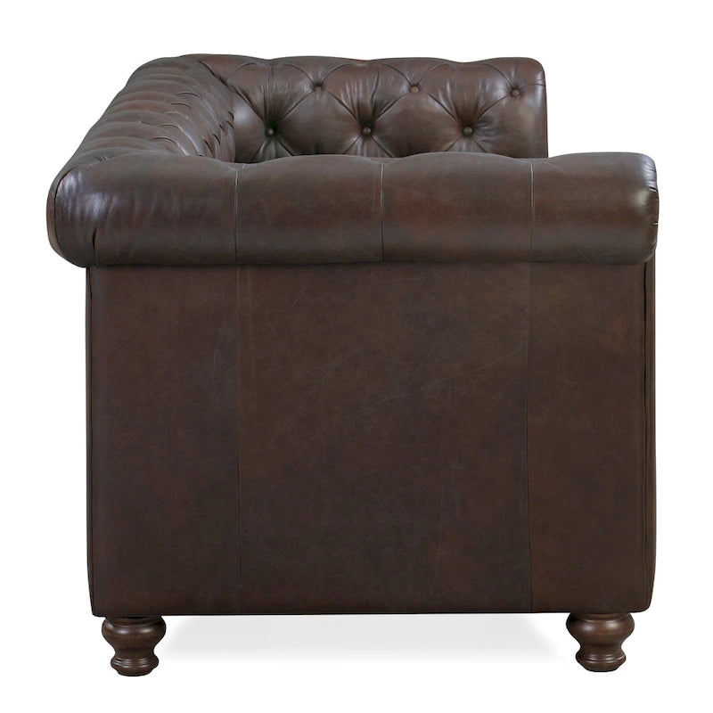 87" Chesterfield Sofa Full Grain Italian Leather Tufted Button 8-Way Hand Tied - Cognac Tan Classic Living Room Couch