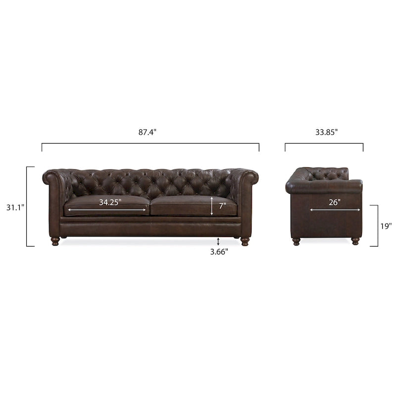87" Chesterfield Sofa Full Grain Italian Leather Tufted Button 8-Way Hand Tied - Cognac Tan Classic Living Room Couch