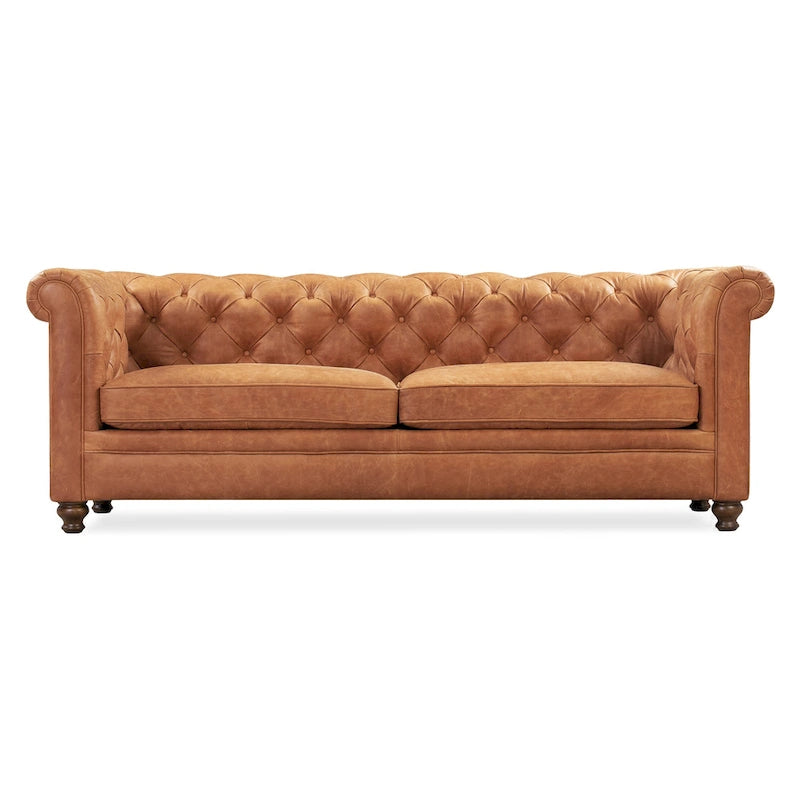 87" Chesterfield Sofa Full Grain Italian Leather Tufted Button 8-Way Hand Tied - Cognac Tan Classic Living Room Couch