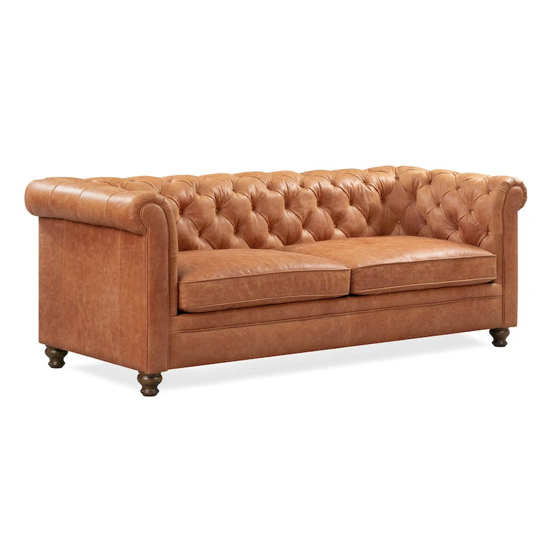 87" Chesterfield Sofa Full Grain Italian Leather Tufted Button 8-Way Hand Tied - Cognac Tan Classic Living Room Couch