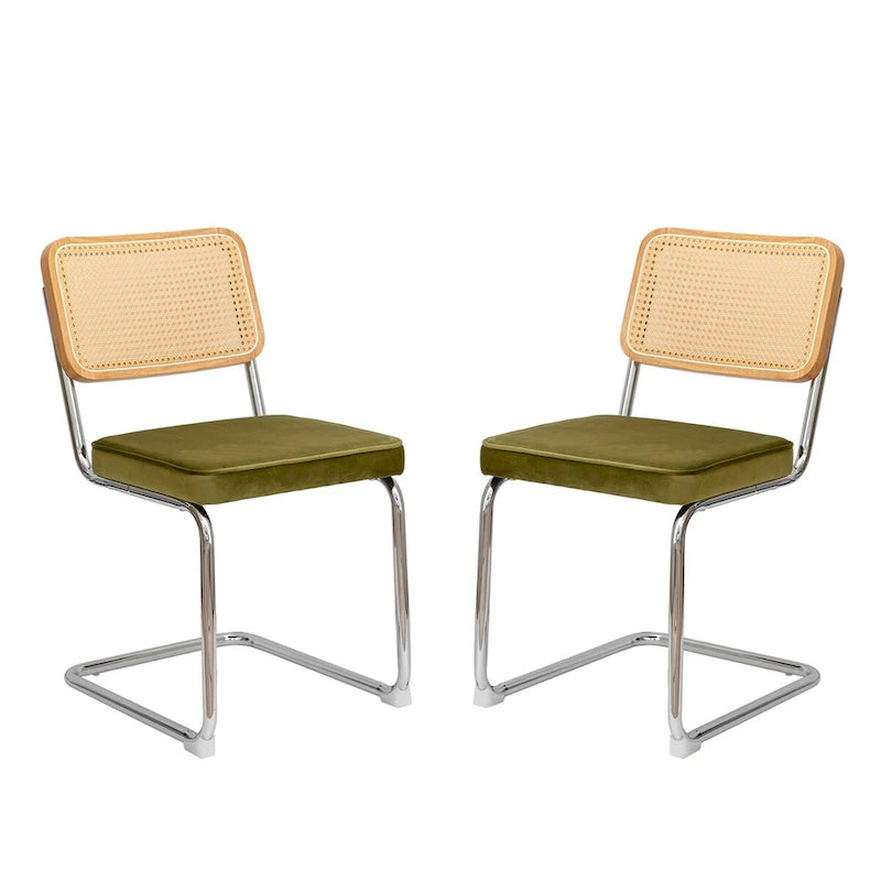 Cantilever Dining Chairs Set of 2 - Chrome Steel Frame with Rattan Seat - Mid-Century Modern Stackable