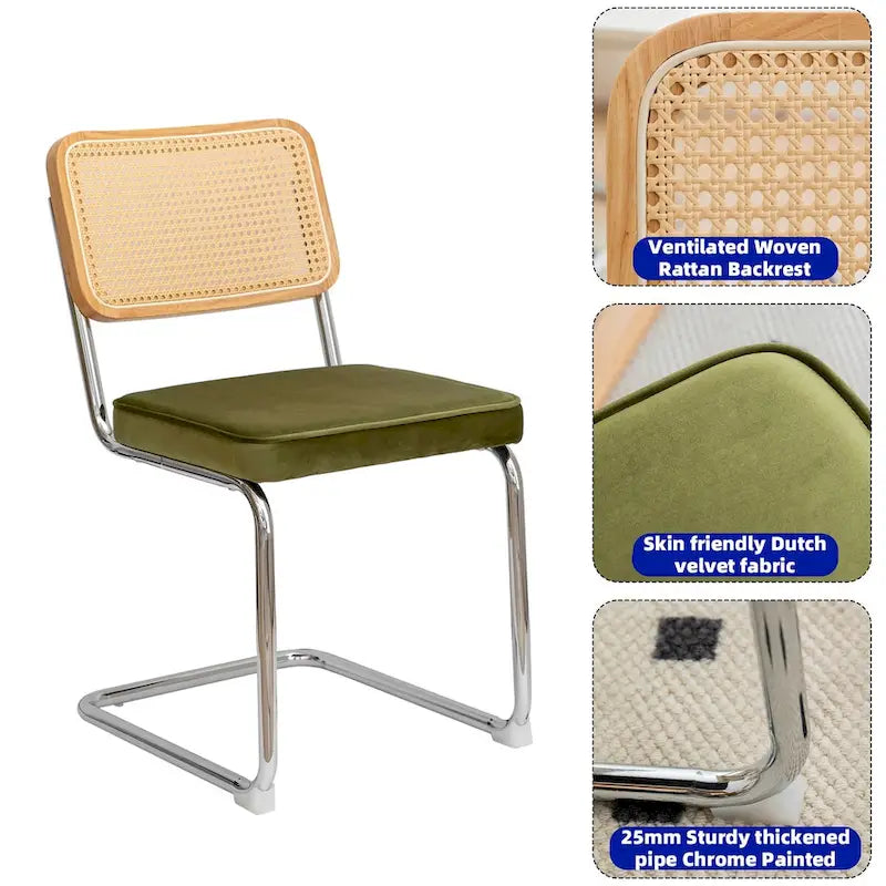 Cantilever Dining Chairs Set of 2 - Chrome Steel Frame with Rattan Seat - Mid-Century Modern Stackable