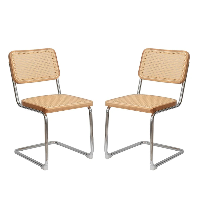 Cantilever Dining Chairs Set of 2 - Chrome Steel Frame with Rattan Seat - Mid-Century Modern Stackable
