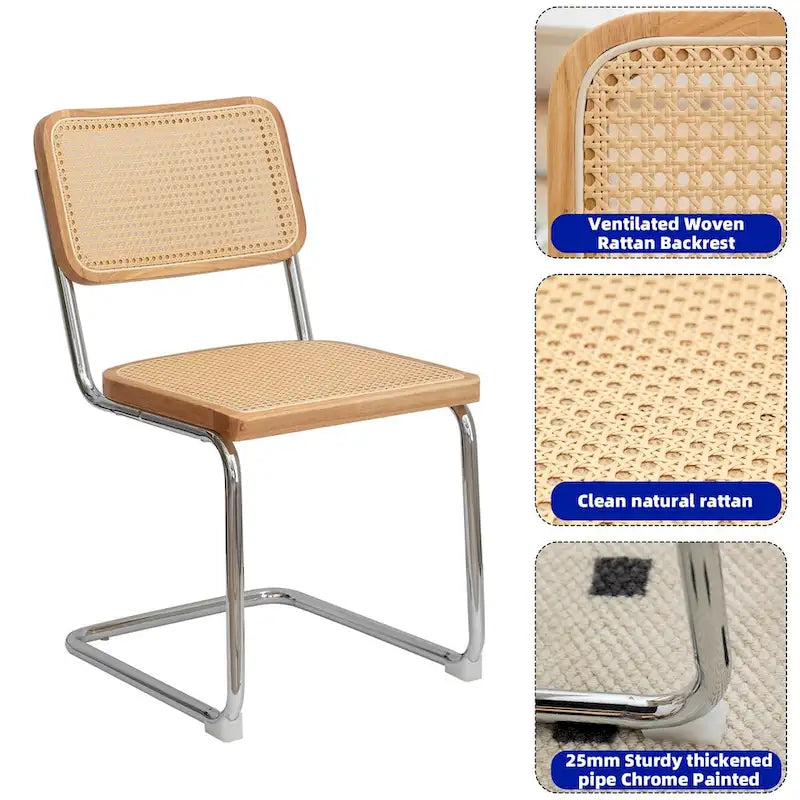 Cantilever Dining Chairs Set of 2 - Chrome Steel Frame with Rattan Seat - Mid-Century Modern Stackable