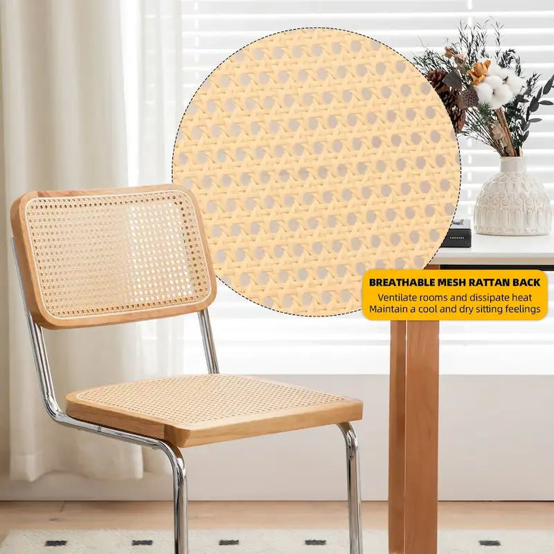 Cantilever Dining Chairs Set of 2 - Chrome Steel Frame with Rattan Seat - Mid-Century Modern Stackable