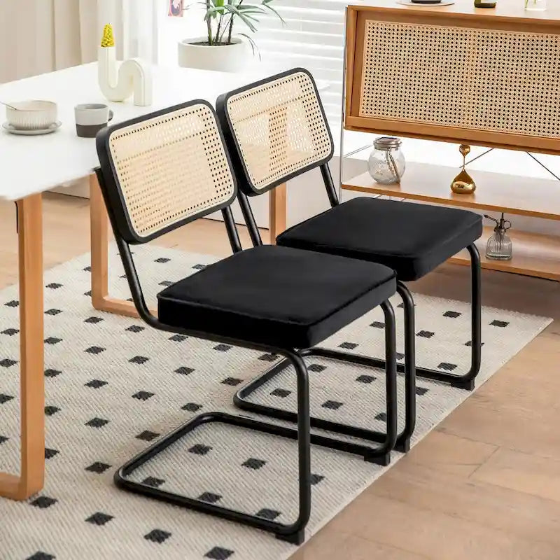 Cantilever Dining Chairs Set of 2 - Chrome Steel Frame with Rattan Seat - Mid-Century Modern Stackable