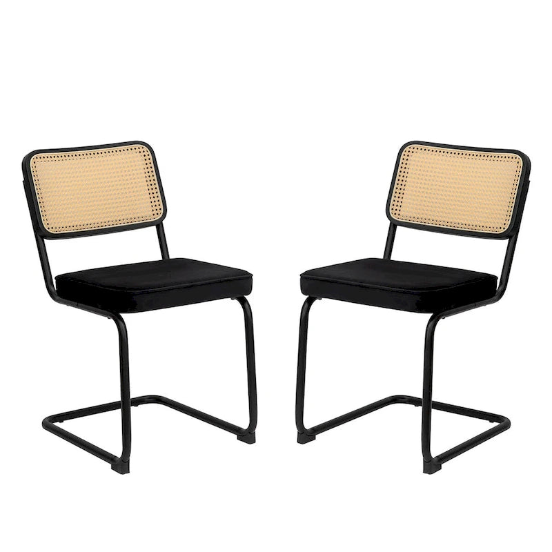 Cantilever Dining Chairs Set of 2 - Chrome Steel Frame with Rattan Seat - Mid-Century Modern Stackable