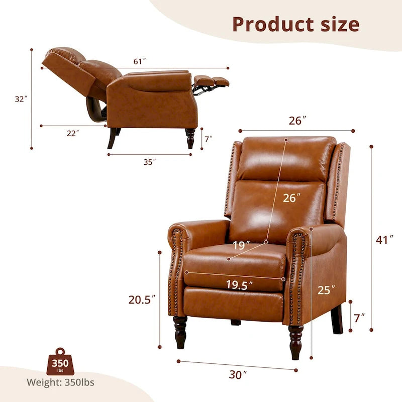 Genuine Leather Push Back Recliner Chairs Set of 2 - Mid-Century Modern 41H x 32W x 36D - 350 lbs Capacity