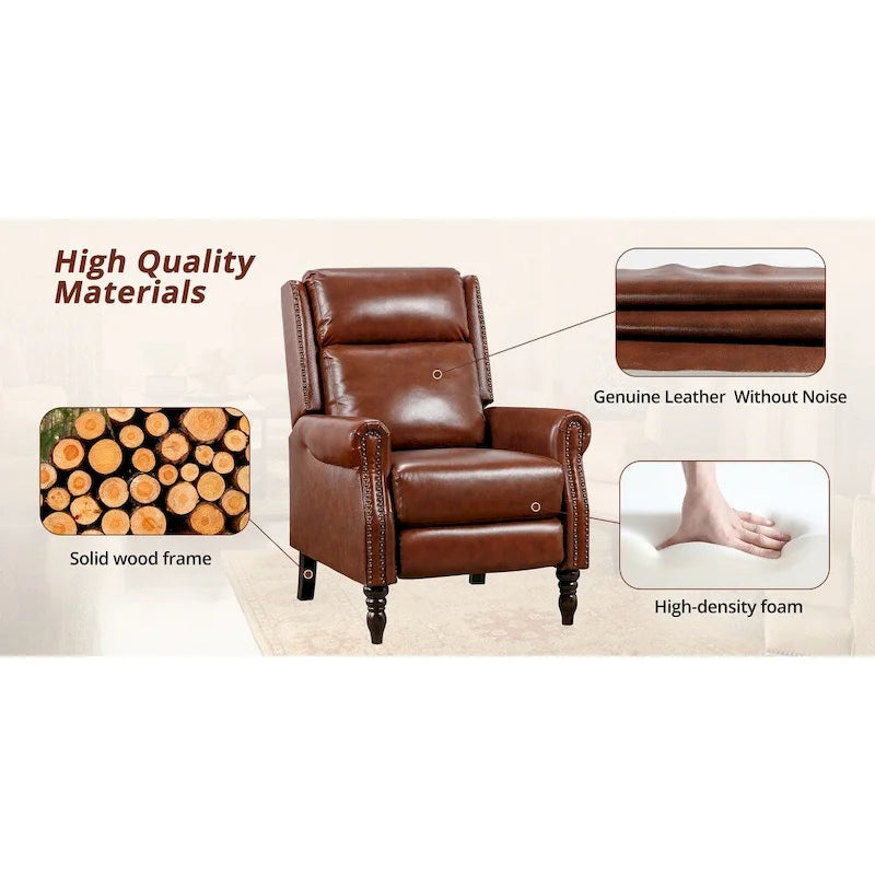 Genuine Leather Push Back Recliner Chairs Set of 2 - Mid-Century Modern 41H x 32W x 36D - 350 lbs Capacity