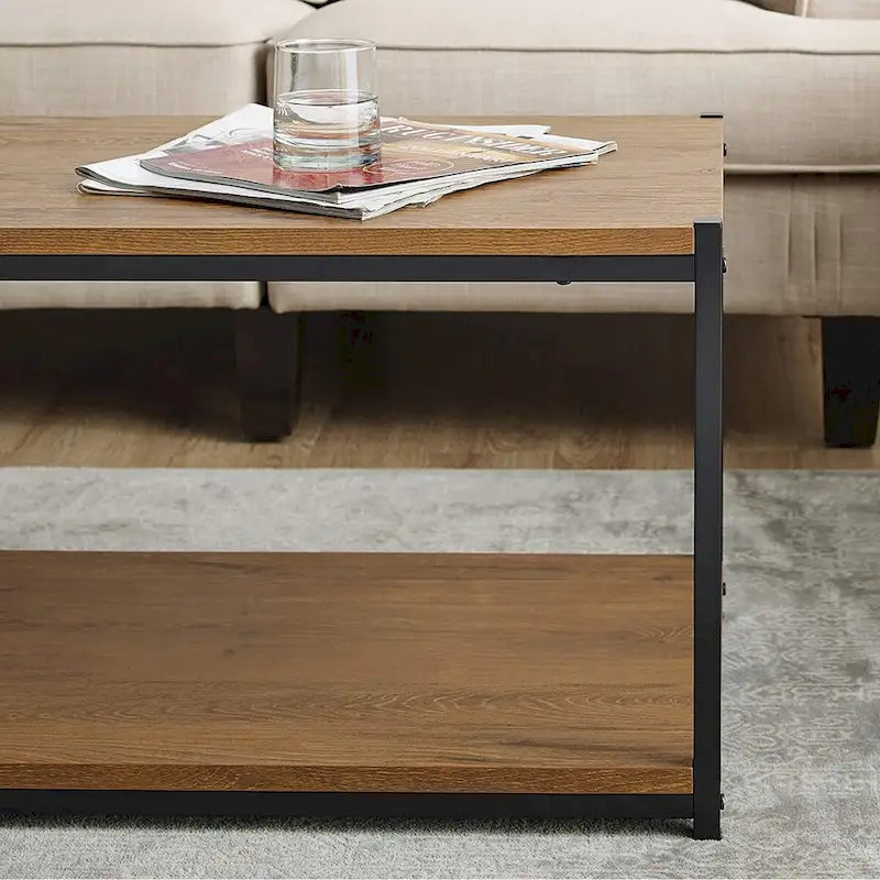 Oak Brown Coffee Table with Storage Shelf - Metal Frame - 90 lbs Capacity - Easy Assembly - Living Room Center Table