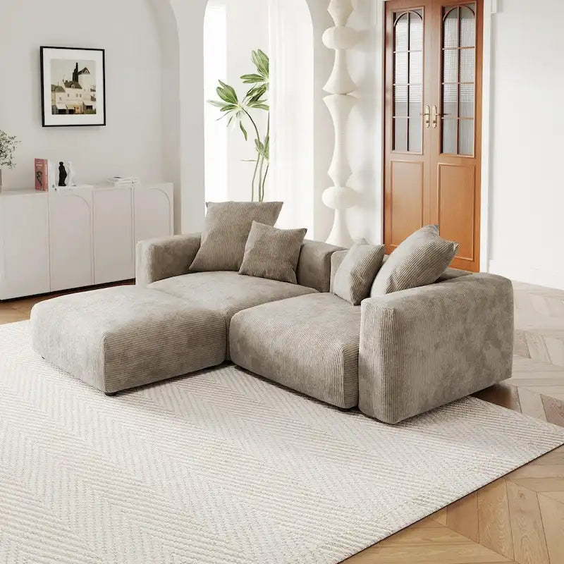 Modular Sectional Sofa Corduroy Deep Seat L-Shape U-Shape Convertible with Ottoman Wood Legs 4 Pillows - High Resilience