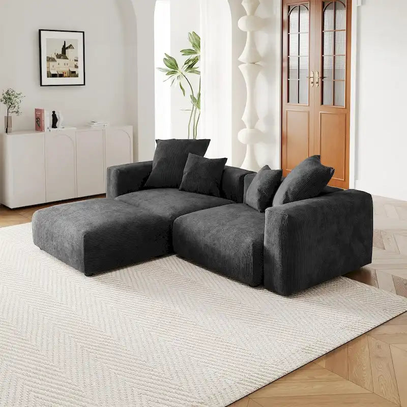 Modular Sectional Sofa Corduroy Deep Seat L-Shape U-Shape Convertible with Ottoman Wood Legs 4 Pillows - High Resilience