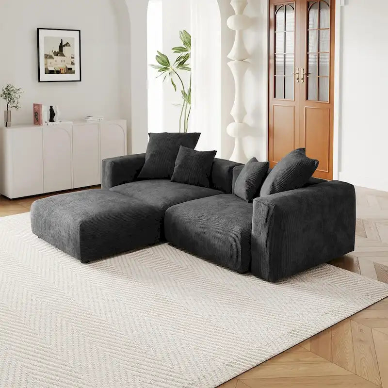 Comfy Corduroy Upholstered Deep Seat Sofa & Couch With Wood Legs and 4 Pillows