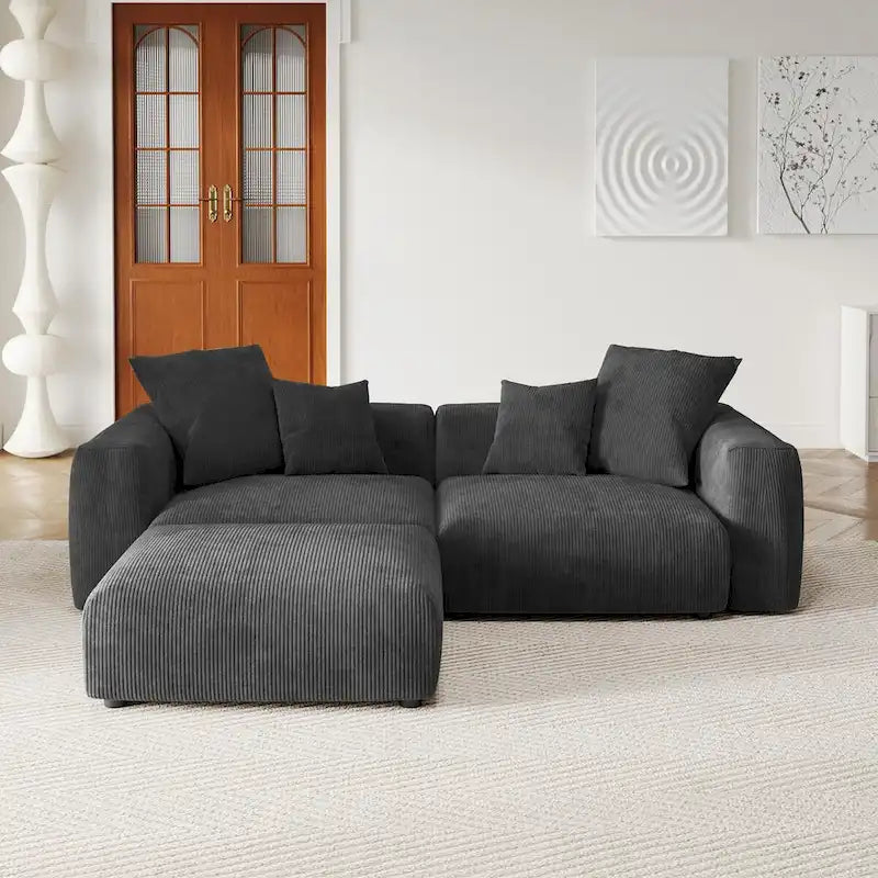 Modular Sectional Sofa Corduroy Deep Seat L-Shape U-Shape Convertible with Ottoman Wood Legs 4 Pillows - High Resilience