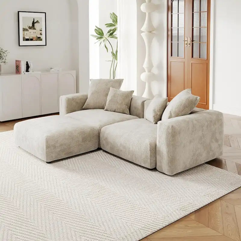 Modular Sectional Sofa Corduroy Deep Seat L-Shape U-Shape Convertible with Ottoman Wood Legs 4 Pillows - High Resilience