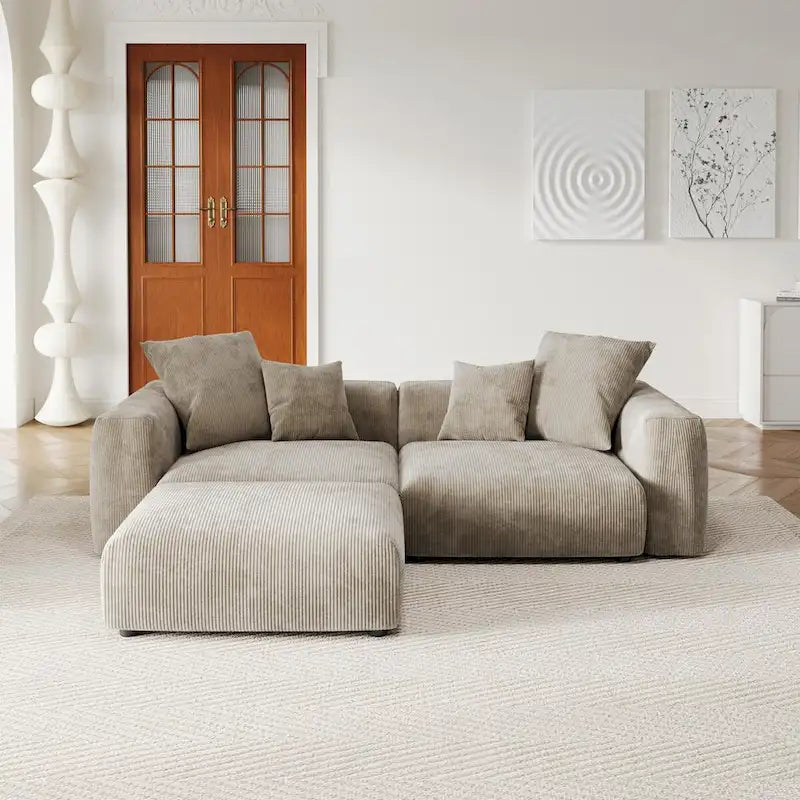Modular Sectional Sofa Corduroy Deep Seat L-Shape U-Shape Convertible with Ottoman Wood Legs 4 Pillows - High Resilience