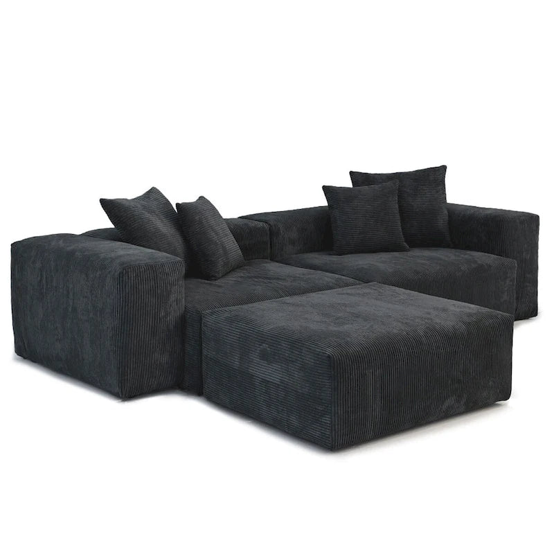 Modular Sectional Sofa Corduroy Deep Seat L-Shape U-Shape Convertible with Ottoman Wood Legs 4 Pillows - High Resilience