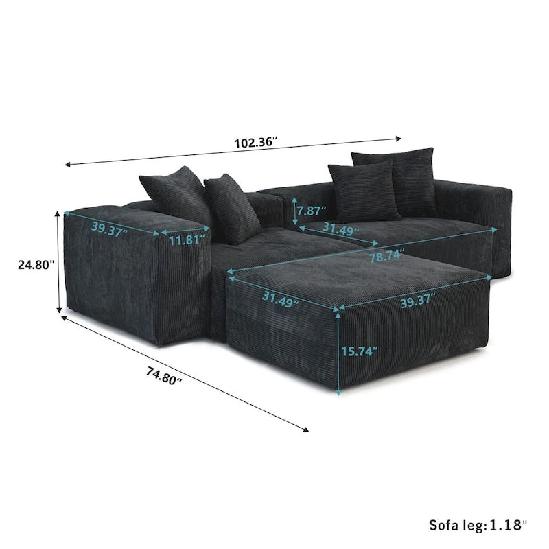 Modular Sectional Sofa Corduroy Deep Seat L-Shape U-Shape Convertible with Ottoman Wood Legs 4 Pillows - High Resilience